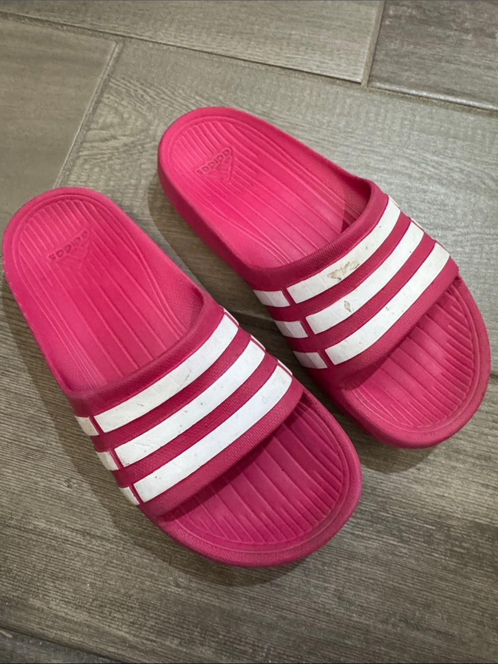 adidas Hot Pink Slide Sandals with White Stripes